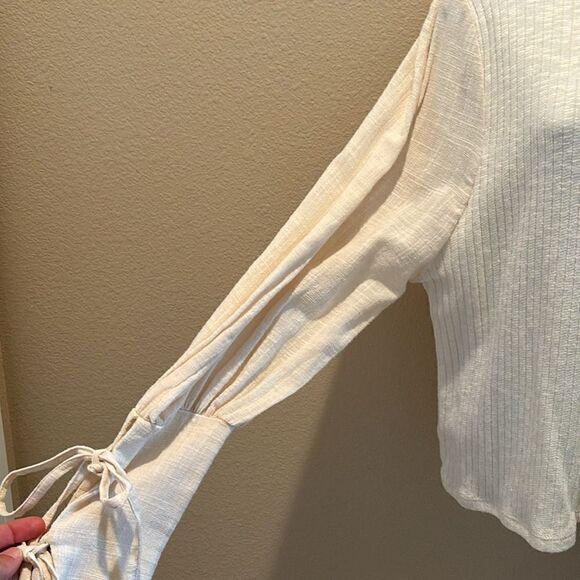 Zara Cream sweater ribbed knit long balloon linen sleeves tie shirt size‎ medium - Picture 4 of 10